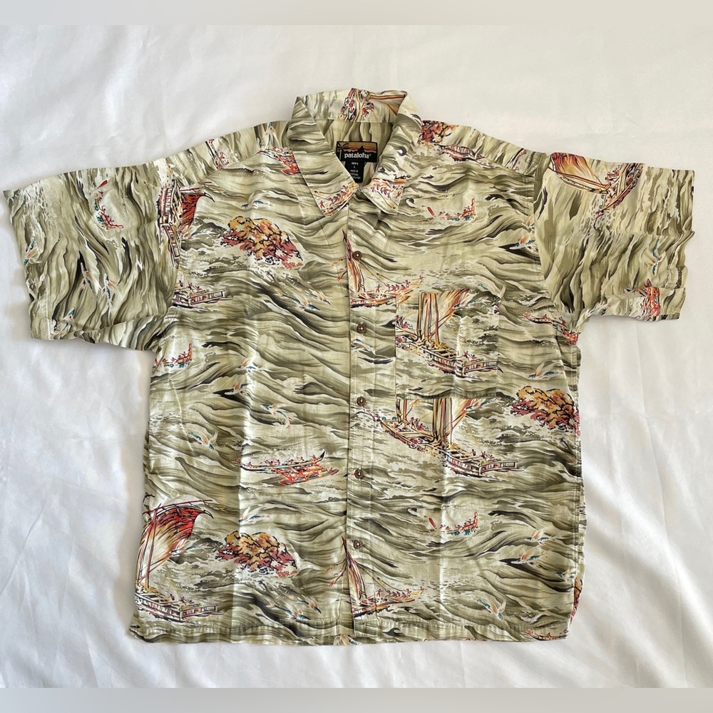 Vintage Patagonia Pataloha Shirt Men’s L Hokulea Flying Fish Sailing Boat Canoe